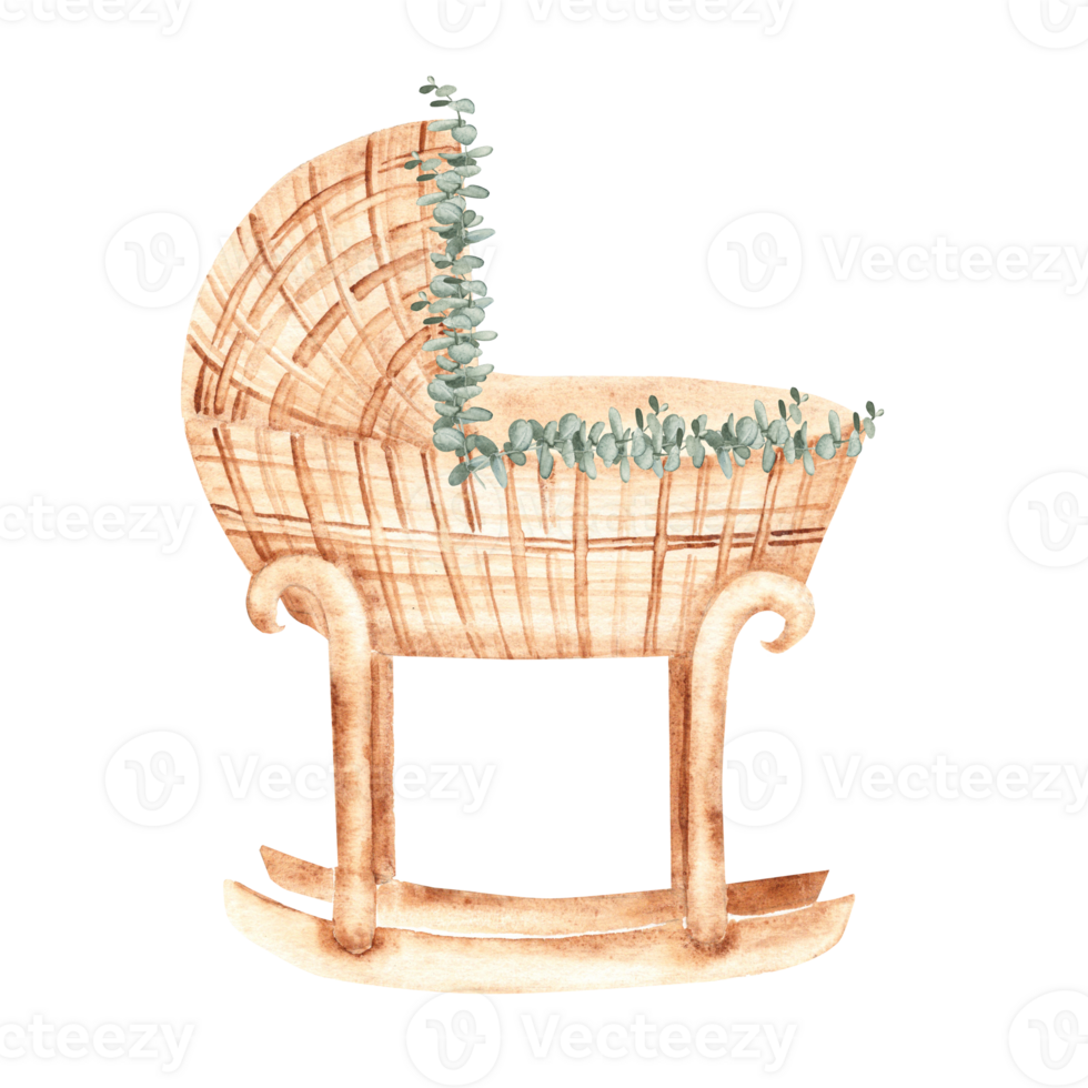 Watercolor illustration of Baby Cradle from rattan decorated with Eucalyptus. Hand drawn Crib in retro eco style. For newborn greeting or birthday cards, baby shower invitations, gender reveal party. png