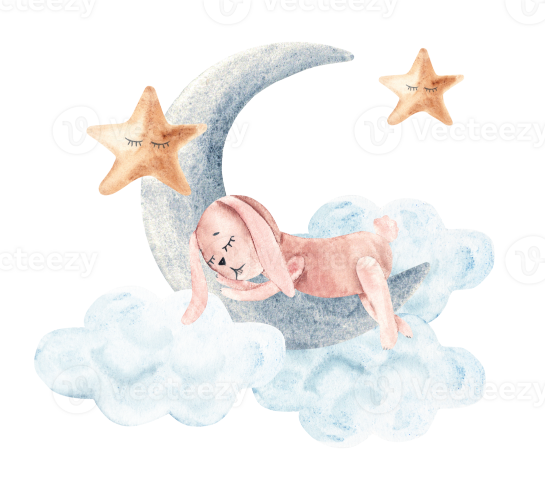 Watercolor cute rabbit sleeps on moon with clouds and stars. Hand drawn illustration in vintage style. png