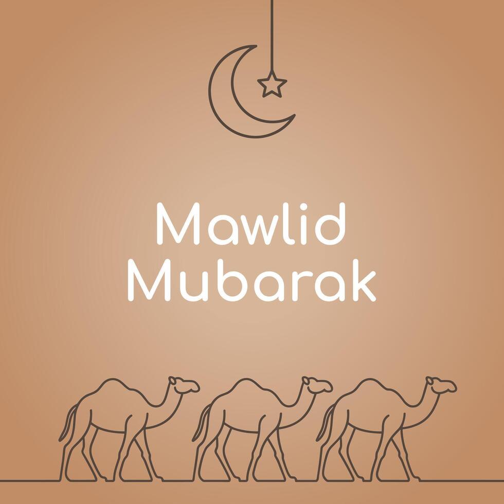 Mawlid Mubarak Greeting Card Design Three Camels Brown Background Crescent Moon Star Line Art vector