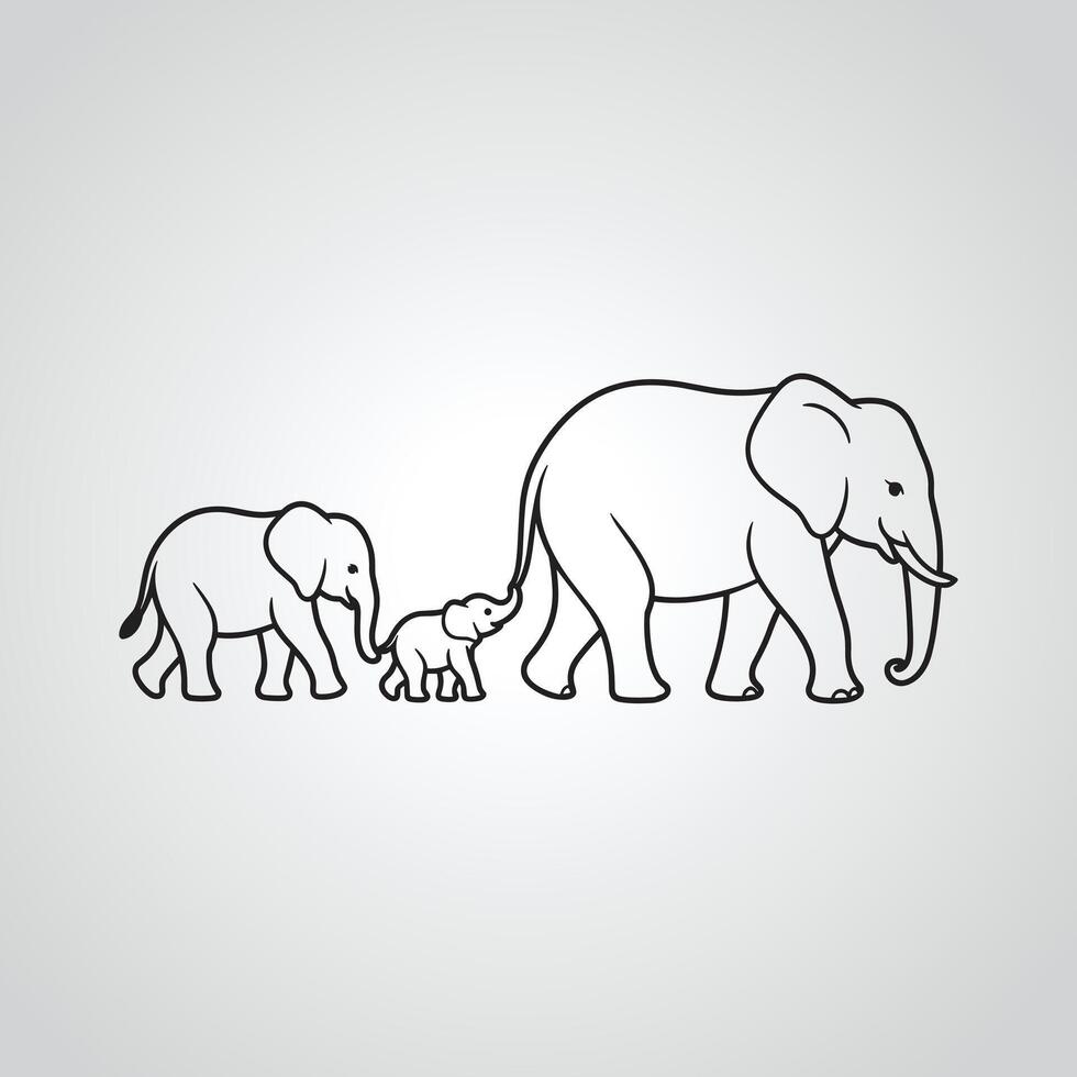 Black Outline Illustration of Elephant Family Walking Adult Baby Elephant Calf Mother Nature vector