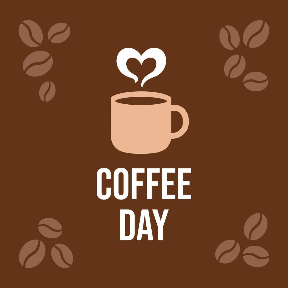 Brown Background Coffee Day Design Beige Mug Heart Steam Coffee Beans vector