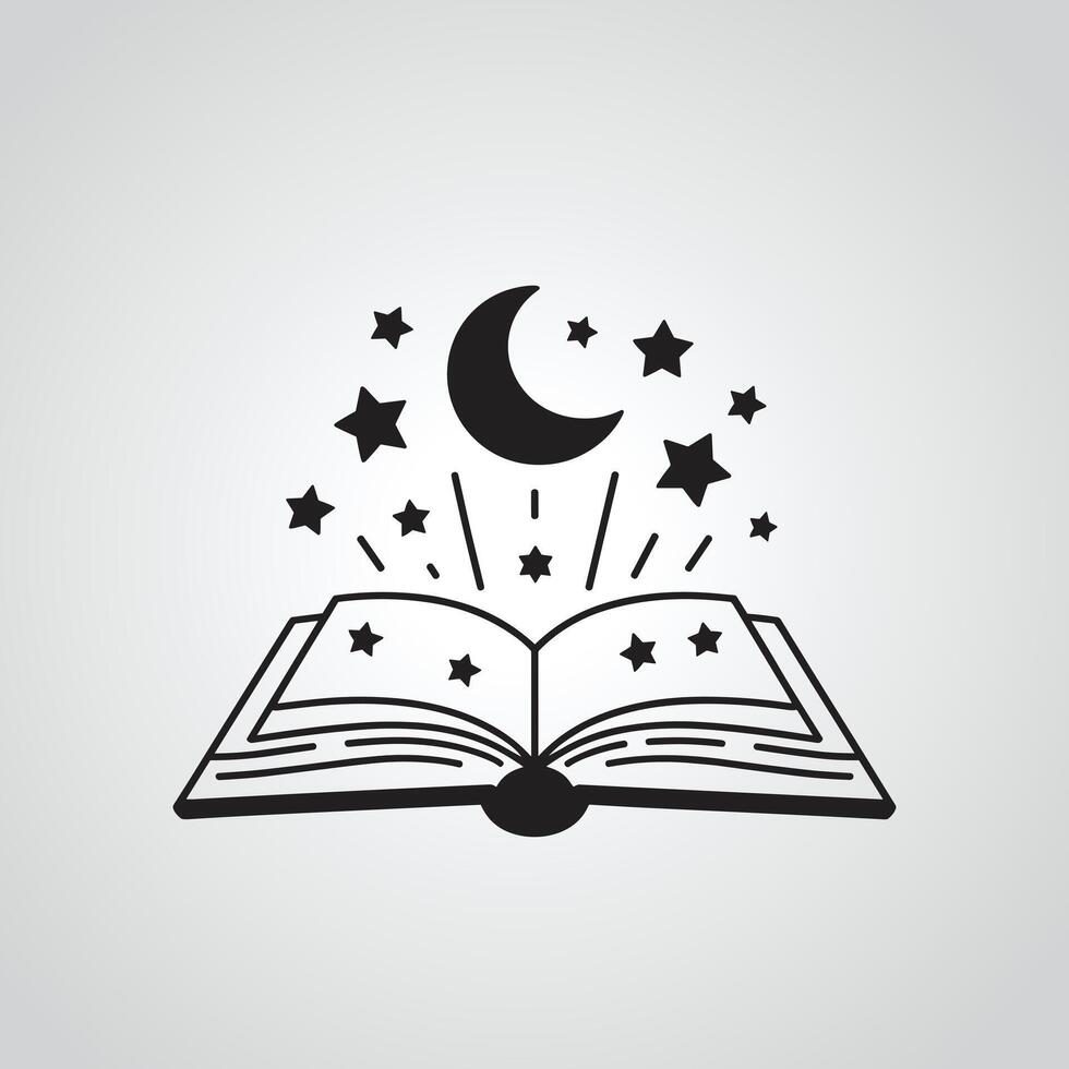 Open Book with Crescent Moon Stars Night Sky Magical Fantasy Illustration vector