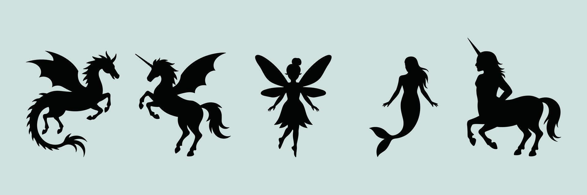 Black Silhouettes of Mythical Creatures Unicorn Pegasus Mermaid Centaur Fairy vector