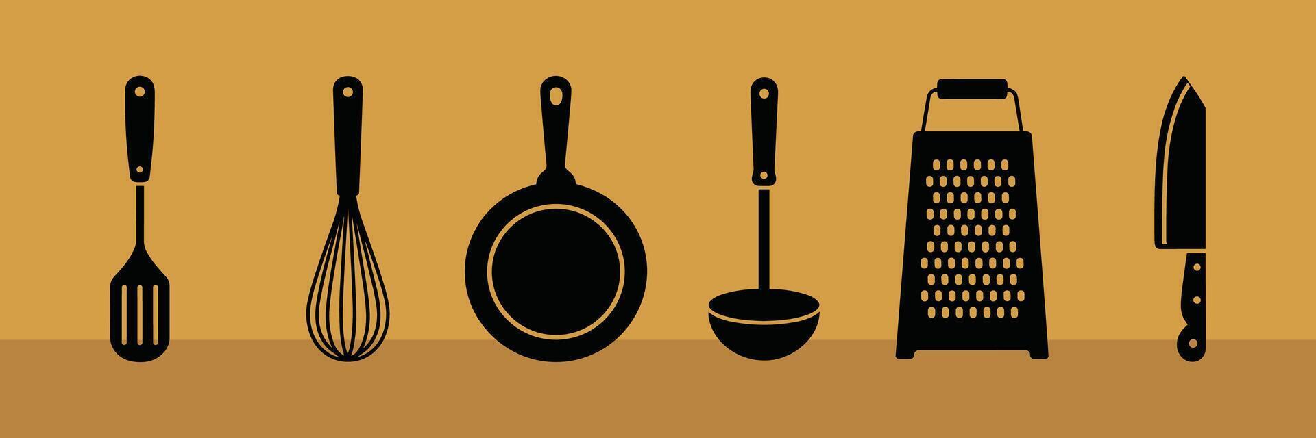 Black Kitchen Utensil Icons on Mustard Yellow Background Spatula Whisk Frying Pan Ladle Grater vector