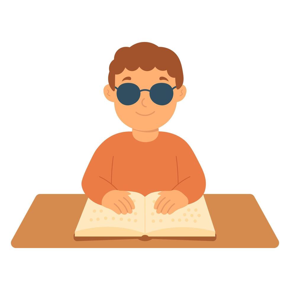 Blind child reading braille book. Visually impaired kid learning. Boy with disability reading dots vector