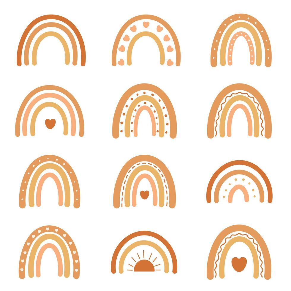 Boho rainbow collection in warm pastel tones. Cute nursery rainbows set. Hand drawn rainbow clipart vector