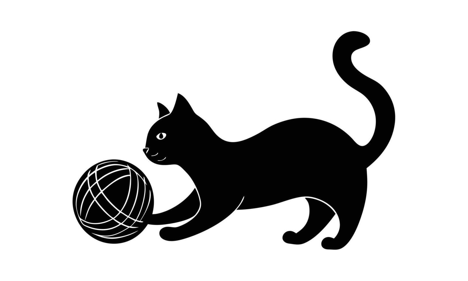 Black cat playing with yarn ball silhouette vector