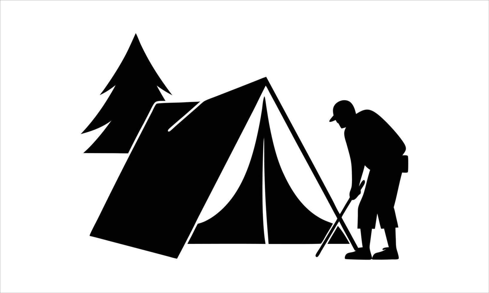 Man pitching tent in woods camping outdoors vector