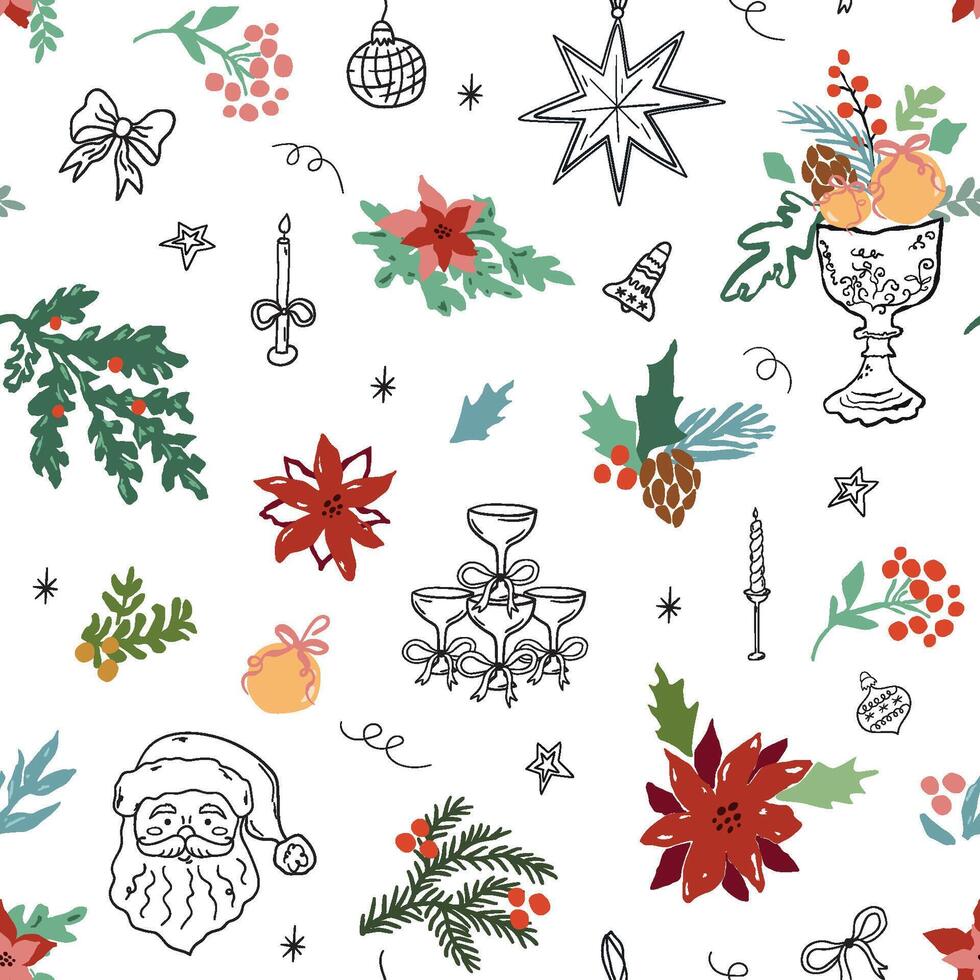 Whimsical coquette Christmas seamless pattern. Doodle hand drawn Xmas elements, Santa fir branches, bows, glass of vine on white background. Winter holiday wallpaper, print, textile design. vector