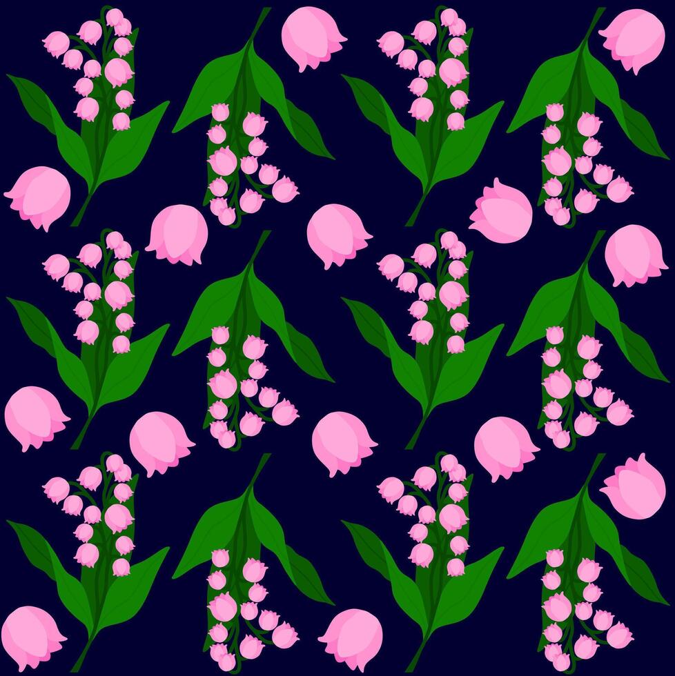 Seamless Pattern of Pink Lily of the Valley Flowers on Dark Blue Background vector