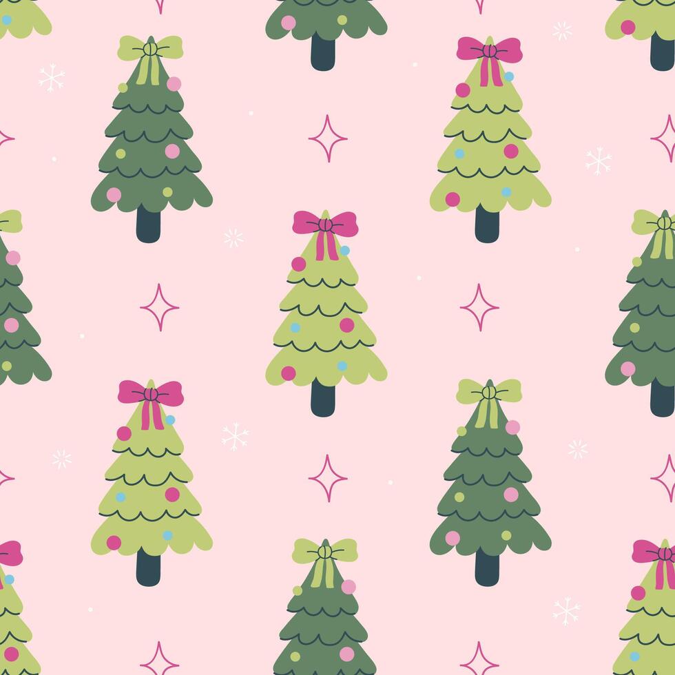 Christmas tree pattern on pink background vector