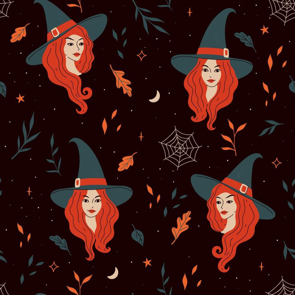 Witch pattern with red-haired witches vector
