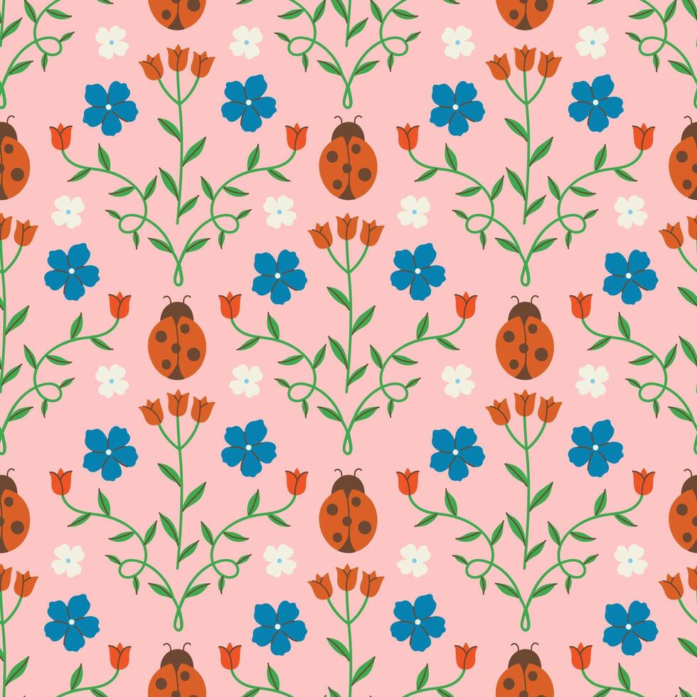 Floral pattern with ladybugs and flowers vector