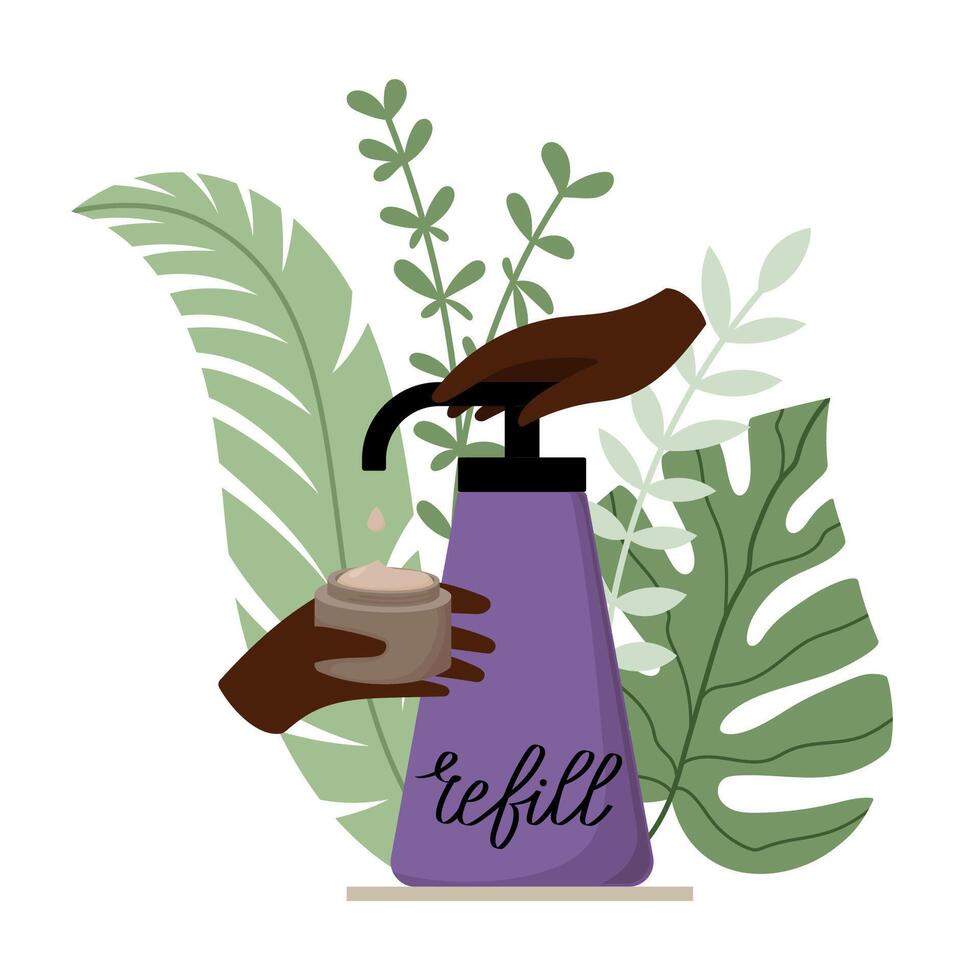 Zero-Waste Beauty Refill Station. Diverse Hands Dispensing Lotion into Reusable Jar from Pump Bottle with Tropical Leaves Around. Sustainable Skincare, Eco-Friendly Cosmetics, Plastic-Free Concept vector