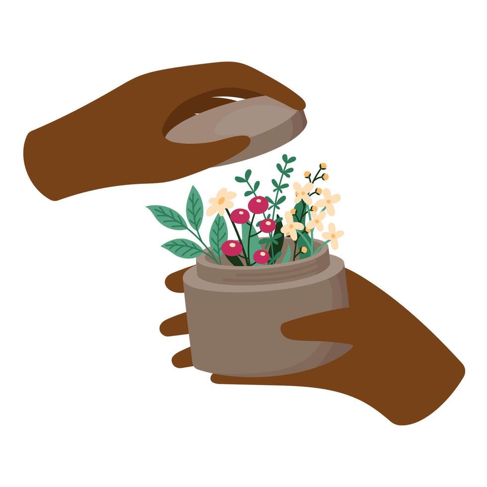 Diverse Hands Open Jar with Flowers Inside. Eco Friendly and Vegan Cosmetics Illustration. Clean Beauty, Sustainable Skincare Concept vector