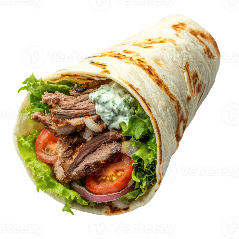 Tender Roasted Lamb Gyro Wrap Filled with Fresh Vegetables and Creamy Sauce on a Grilled Flatbread png