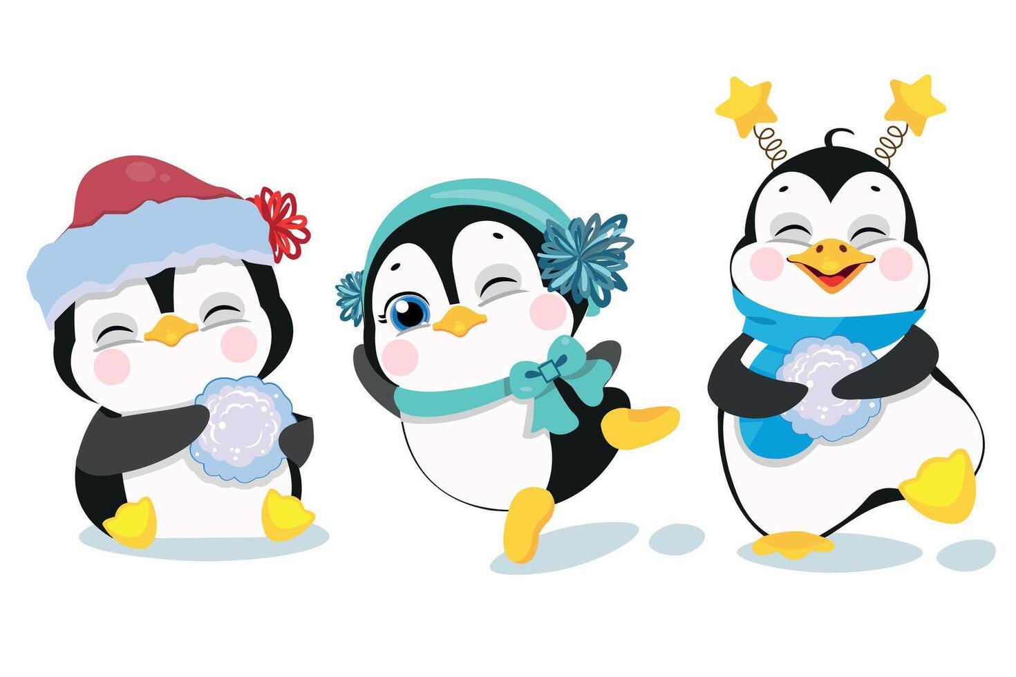Three cheerful penguins in winter outfits vector