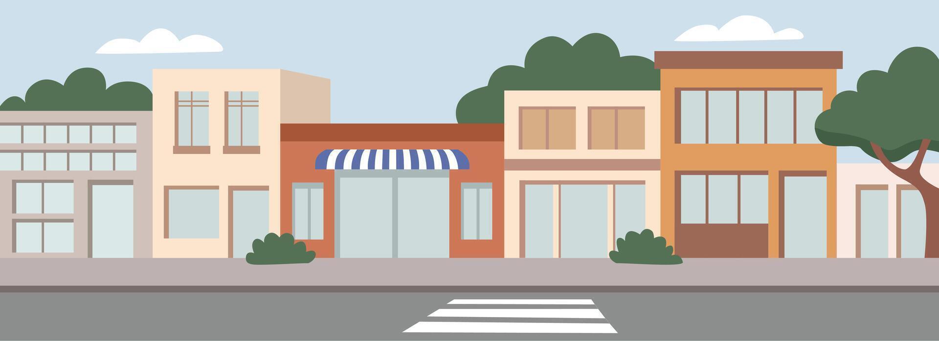 Coffee shop. City building. Store front illustration. Minimarket. Boutique. Cafeteria. Neighborhood. City Street with Shops and Buildings. vector