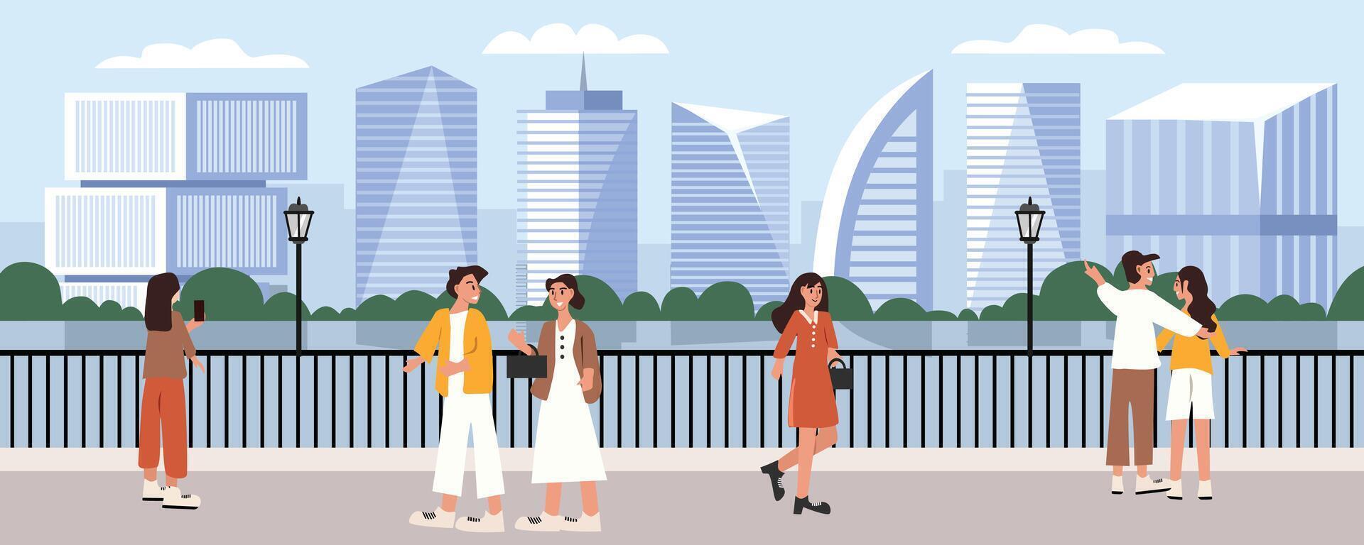 People walking on the sidewalk. Pedestrian at the city street. City bridge. City landscape. City skyscraper scenery. vector
