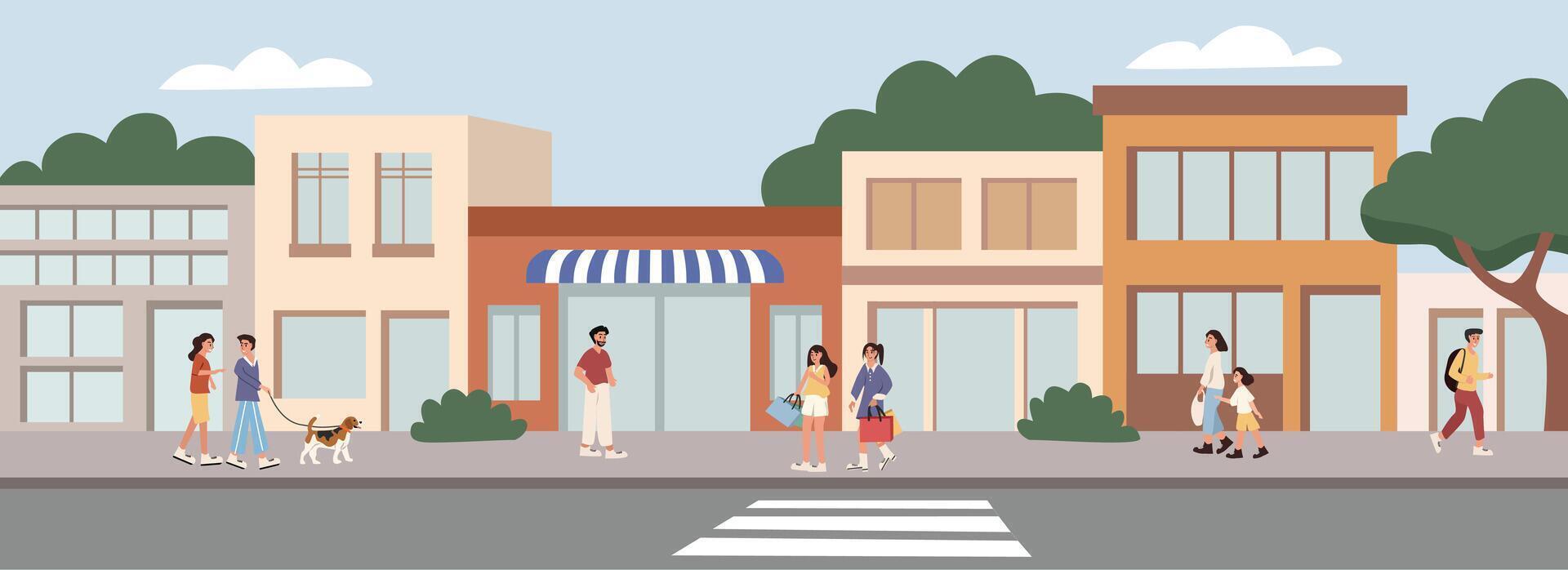 People walking at storefront. People in front cafe store. Cafeteria and food court area. City building. Cartoon building. vector