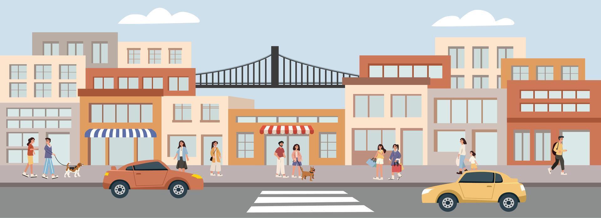 People walking in front of store. People walking at sidewalk. Store around big street. Urban building. vector