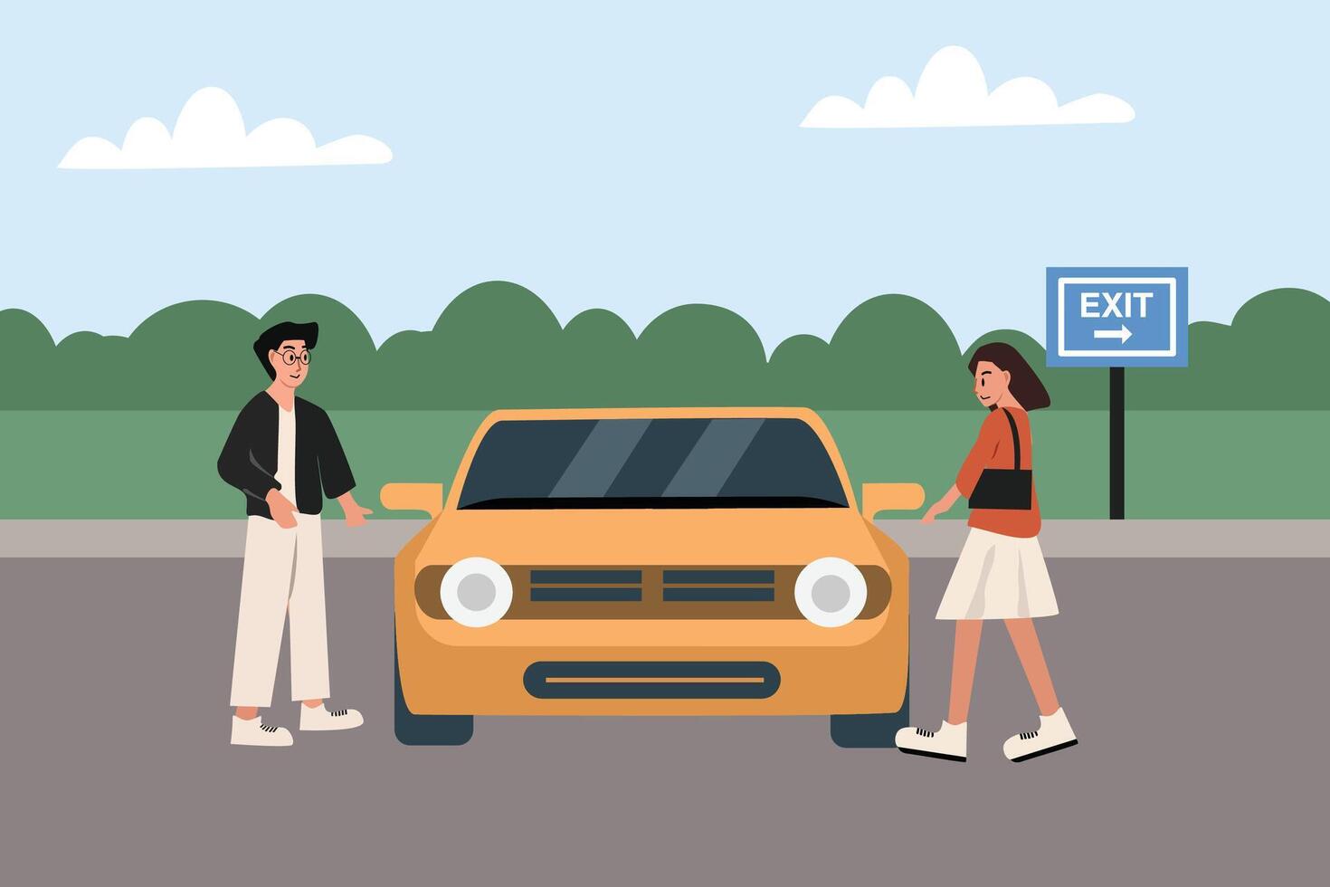 People at the parking lot. Car parking at the park. Yellow car parking. Mall parking lot. vector