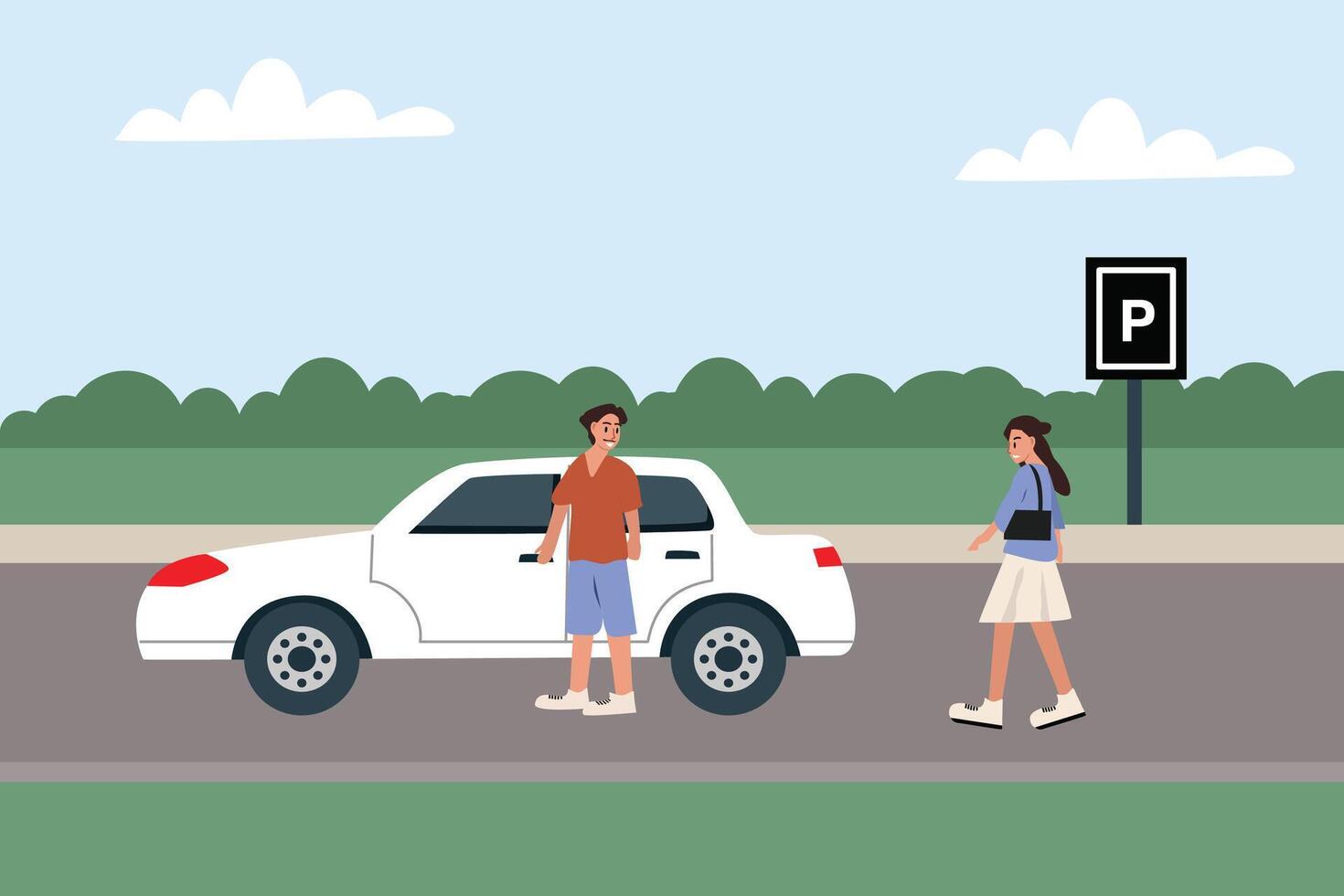 Driver pick up passenger. Parking lot. People waiting driver at parking place. People near a white car and parking sign on a sunny day. vector