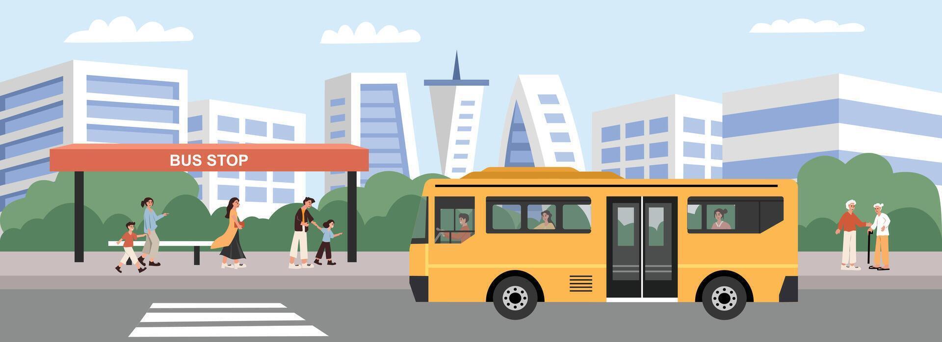 Bus shelter illustration. Bus stop. Public transportation. Bus stop shelter in the city. People waiting bus stop. People at halt. vector