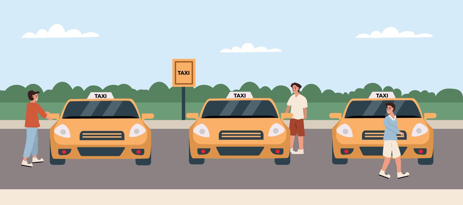 Taxi driver at cabstand. Taxi rank. Taxi drop. Taxi stand. Yellow car. Pickup service. Public transportation. City park. Cityscape. vector
