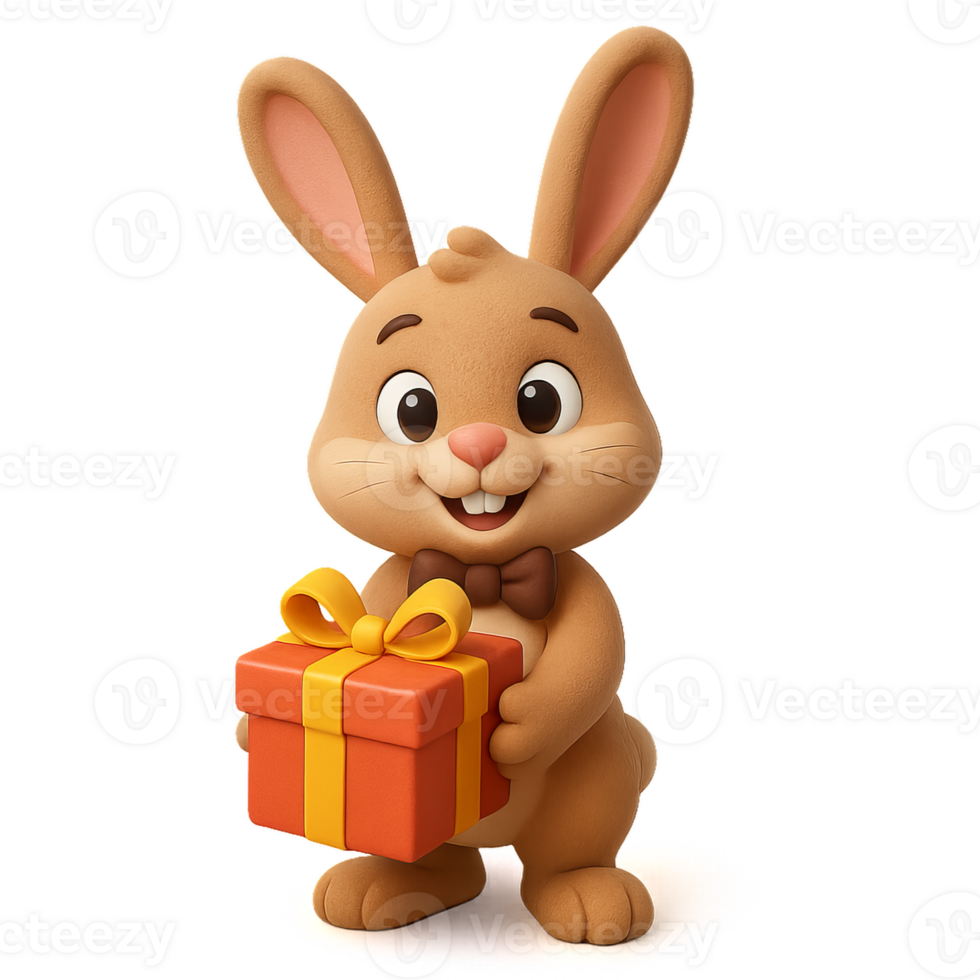 Cute Cartoon Bunny Holding a Gift in a Simple Design png