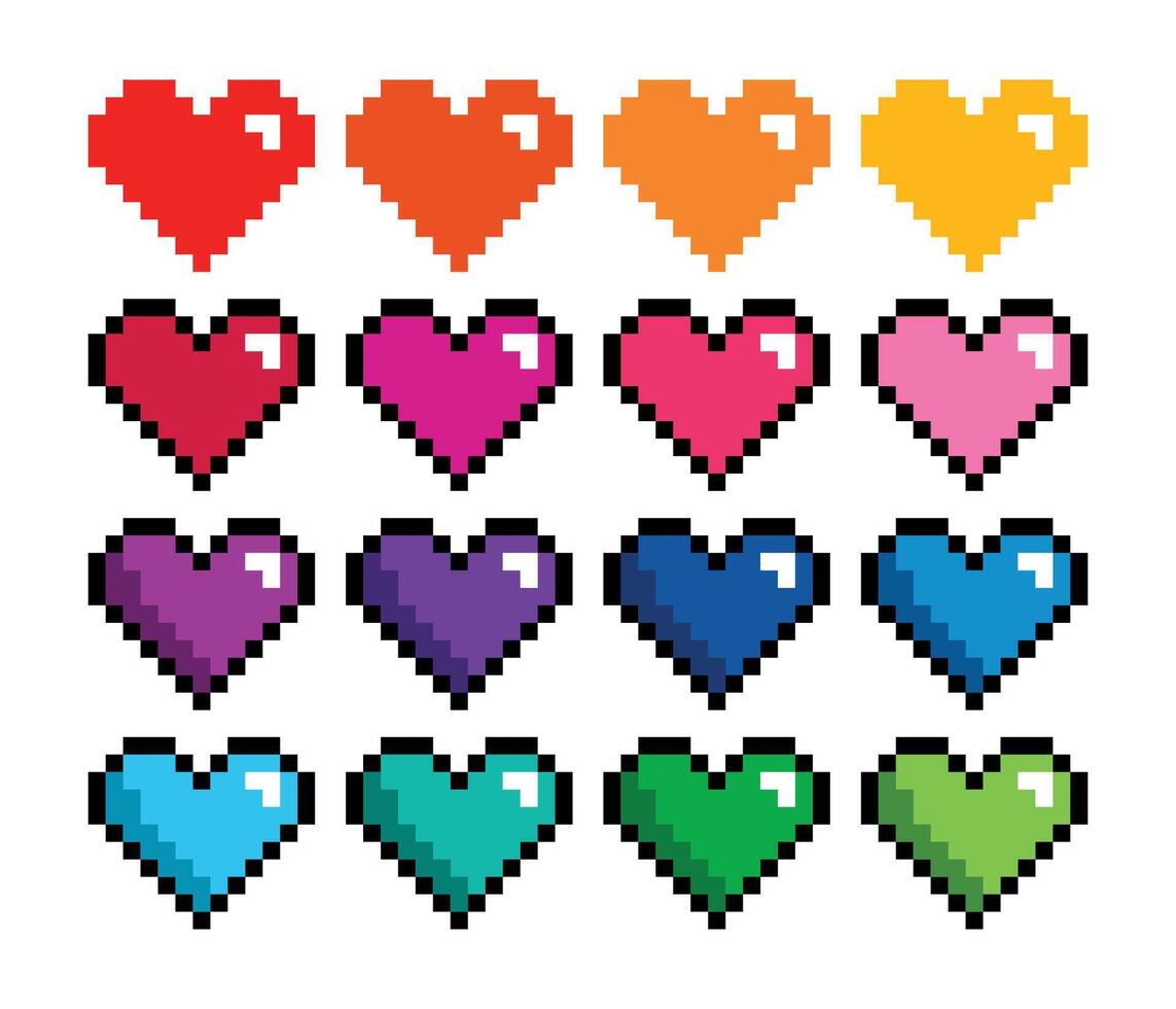 Pixel Heart Shape, 8-Bit Icon, Retro Gaming Symbol in Rainbow Spectrum vector