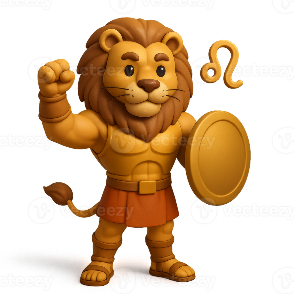 3D Transparent Lion Character with Shield and Zodiac Sign Leo Symbol png