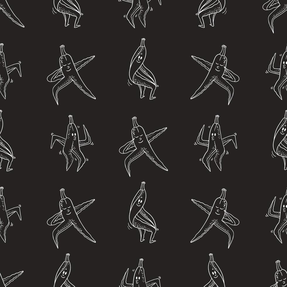 Seamless Pattern of Dancing Banana Characters in Black and White Doodle Style vector