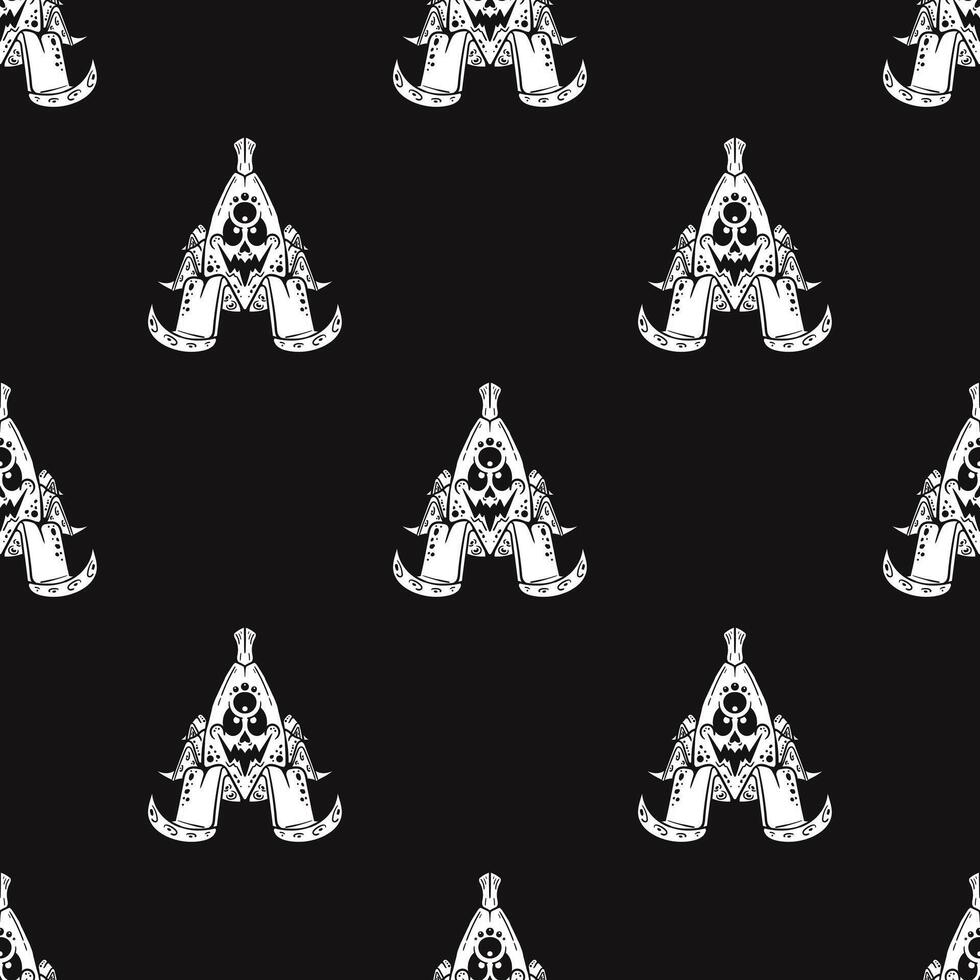 A repeating pattern of a cartoon evil banana on a black background vector