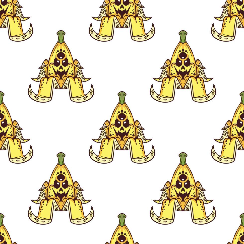A repeating pattern of a cartoon evil banana on a white background vector