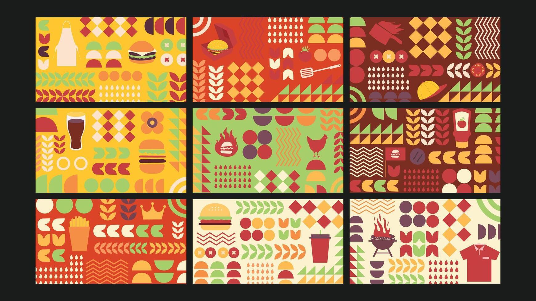 Colorful food-themed graphic patterns vector