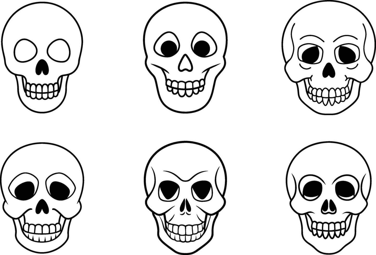 Hand-Drawn Skull Faces Line Art Set for Halloween and Anatomy Design vector