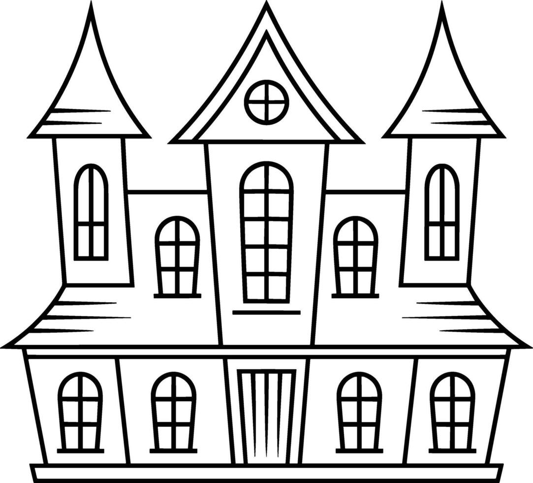 Haunted Mansion Line Art Illustration with Gothic Architecture Elements vector