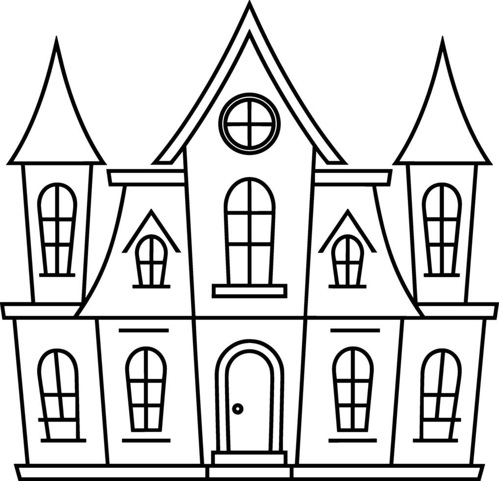 Spooky House Line Art Illustration with Tall Towers and Gothic Windows vector