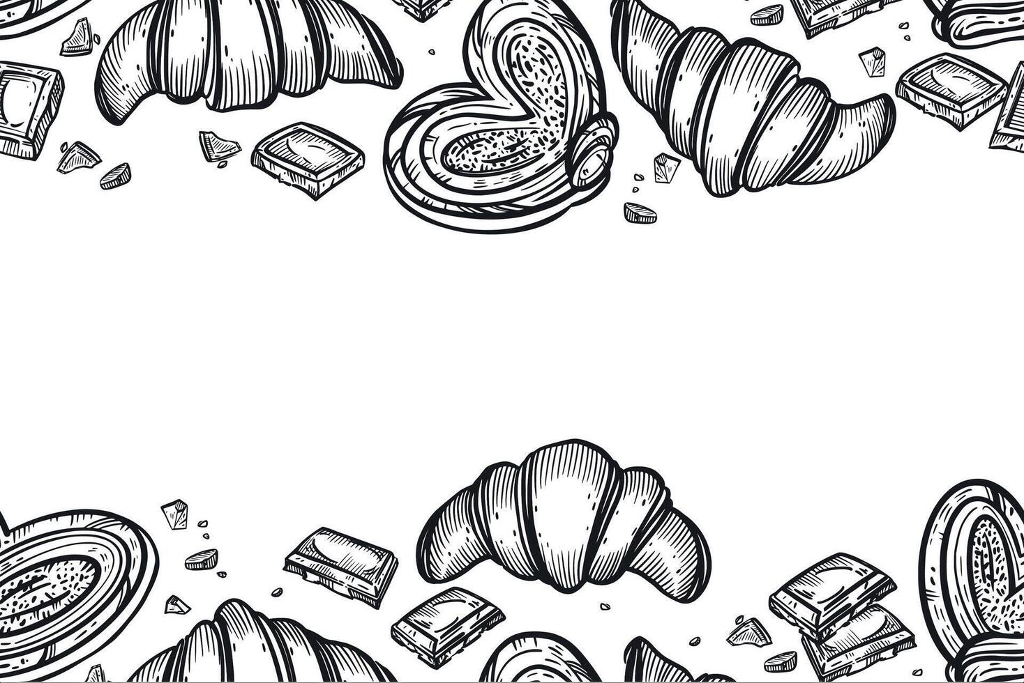 Seamless pastry-themed border, fresh sweet buns, croissants, chocolate wedges. All objects are hand-drawn in . The illustration is suitable for printing on fabric, paper, design confectionery vector