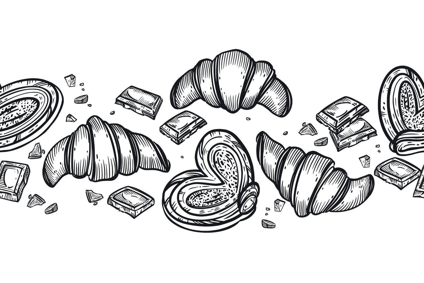 Seamless border of sweets, buns, croissants, chocolate slices, buns. All objects are hand-drawn in . For printing on menus, booklets, in the interior of confectioneries, bakeries, on dishes vector