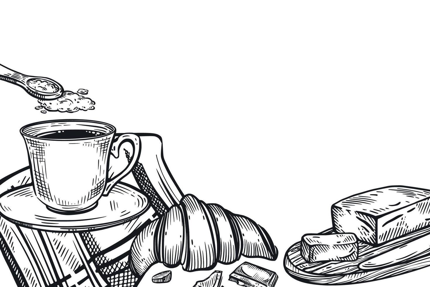 Breakfast, a cup of coffee, a tablecloth, a fresh croissant, butter, a teaspoon with sugar. All objects are hand-drawn in , suitable for printing on fabric, for menu decoration, coffee interior vector