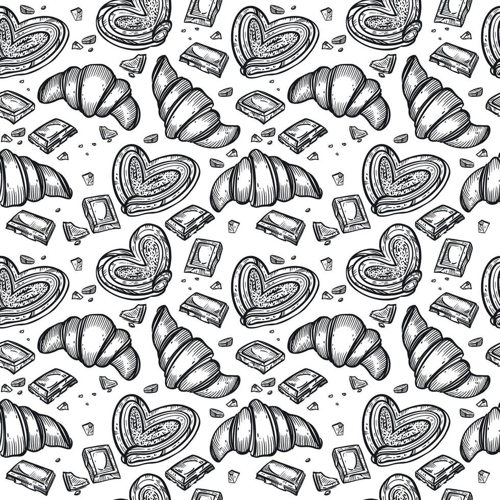 Seamless pattern. Fresh pastries and sweets, buns, croissants, chocolate slices. All objects are hand-drawn in . For printing on packaging, paper, kitchen towels vector