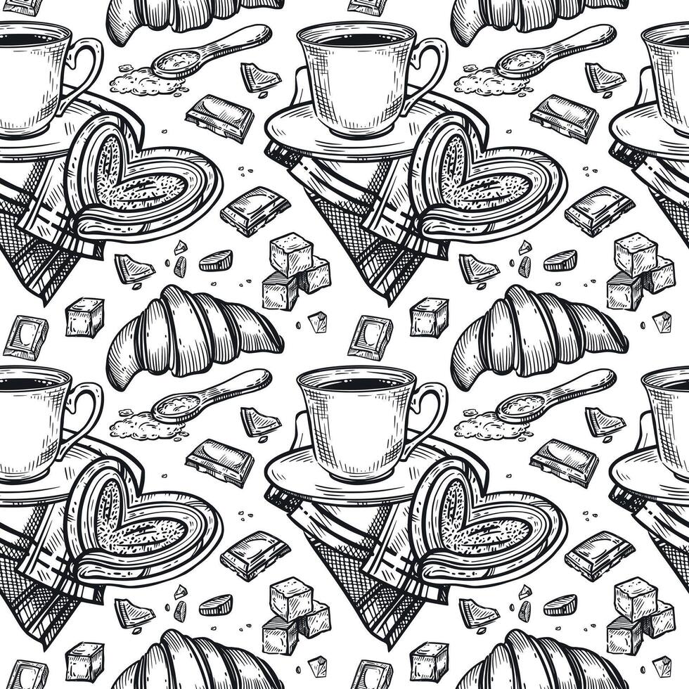 Seamless pattern on the theme of tea drinking, a cup of tea or coffee, a napkin, lump sugar, chocolate slices, sweet buns, croissants. The illustration is suitable for printing on packaging vector