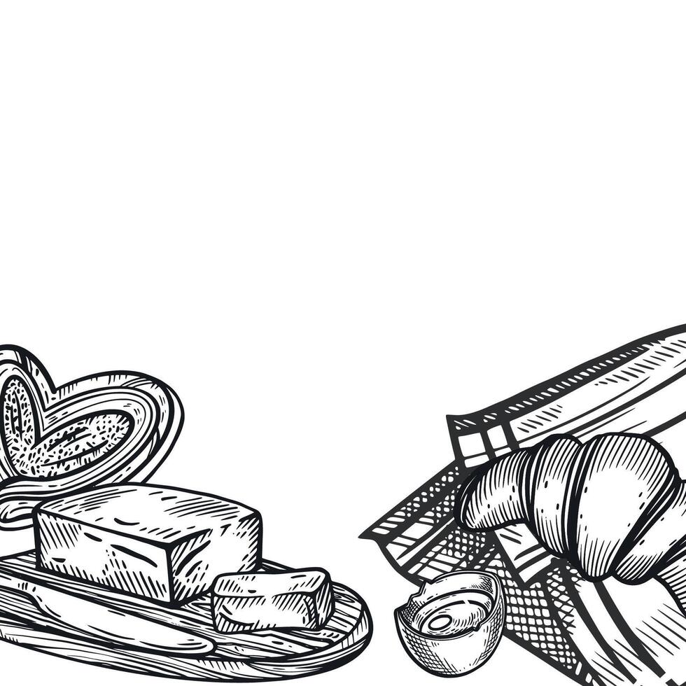 A frame of products, fresh pastries, a bun, a croissant, a tablecloth, a chicken egg, butter. The illustration is suitable for printing on fabric, paper, and breakfast menu design vector