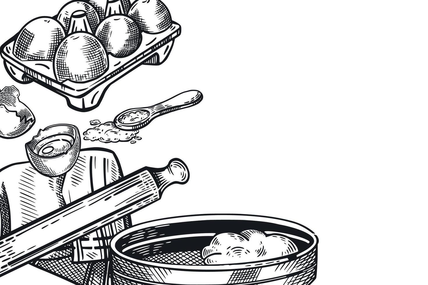 Cooking, baking, dough. A sieve with flour, a rolling pin, a towel, a chicken egg, a cell with eggs, a spoon with sugar. Illustration is suitable for designing recipes, printing on fabric, paper vector