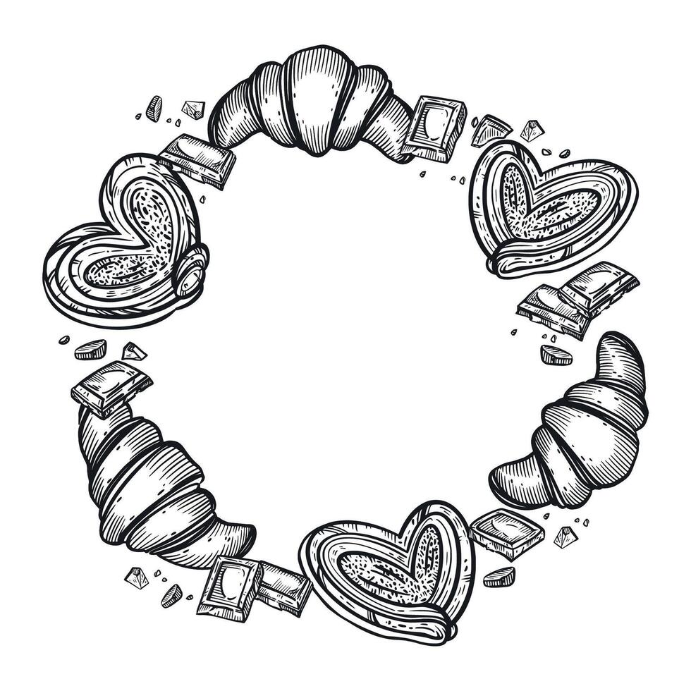 A wreath of sweet buns, croissants, chocolate. All objects are hand-drawn in . The illustration is suitable for printing on food packaging, menu design, and bakery interiors vector