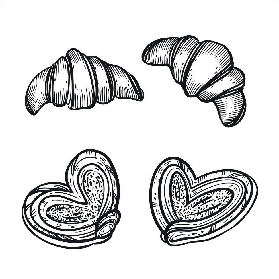 A set of illustrations. Buns, sweet buns, croissants, all objects are hand-drawn in ink. The illustration is suitable for the design of bakeries, confectioneries, and food packaging vector