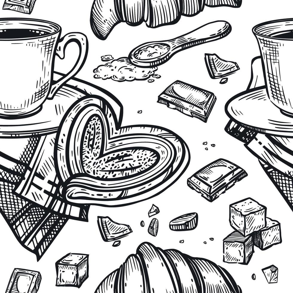 Seamless pattern on the theme of tea drinking, a cup of tea or coffee, a napkin, lump sugar, chocolate slices, sweet buns, croissants. The illustration is suitable for printing on packaging, fabric vector