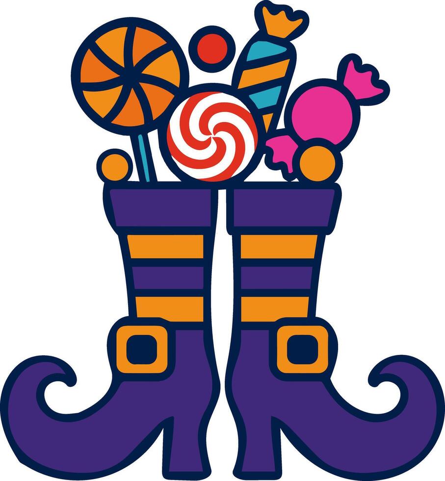 Witch boots filled with assorted colorful candies and lollipops for Halloween celebration. vector